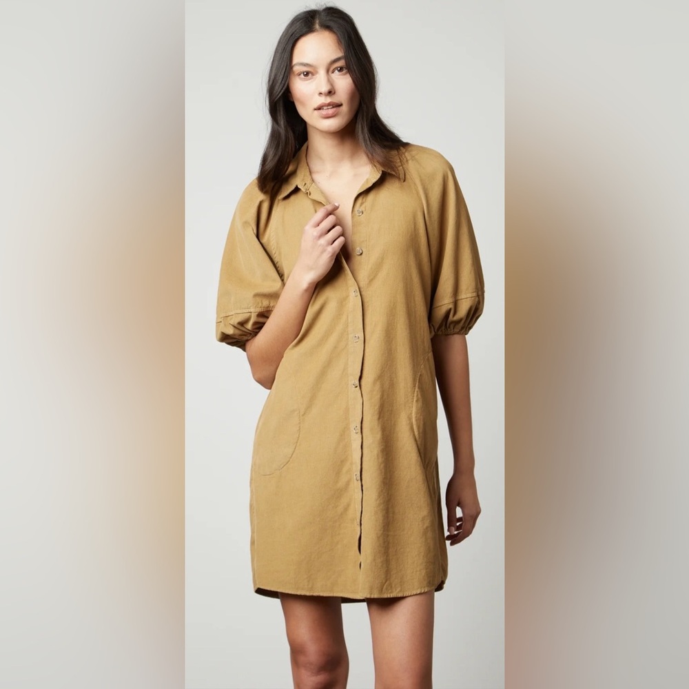Velvet by Graham & Spencer Kady Corduroy Button Up Dress with Puff Sleeves.